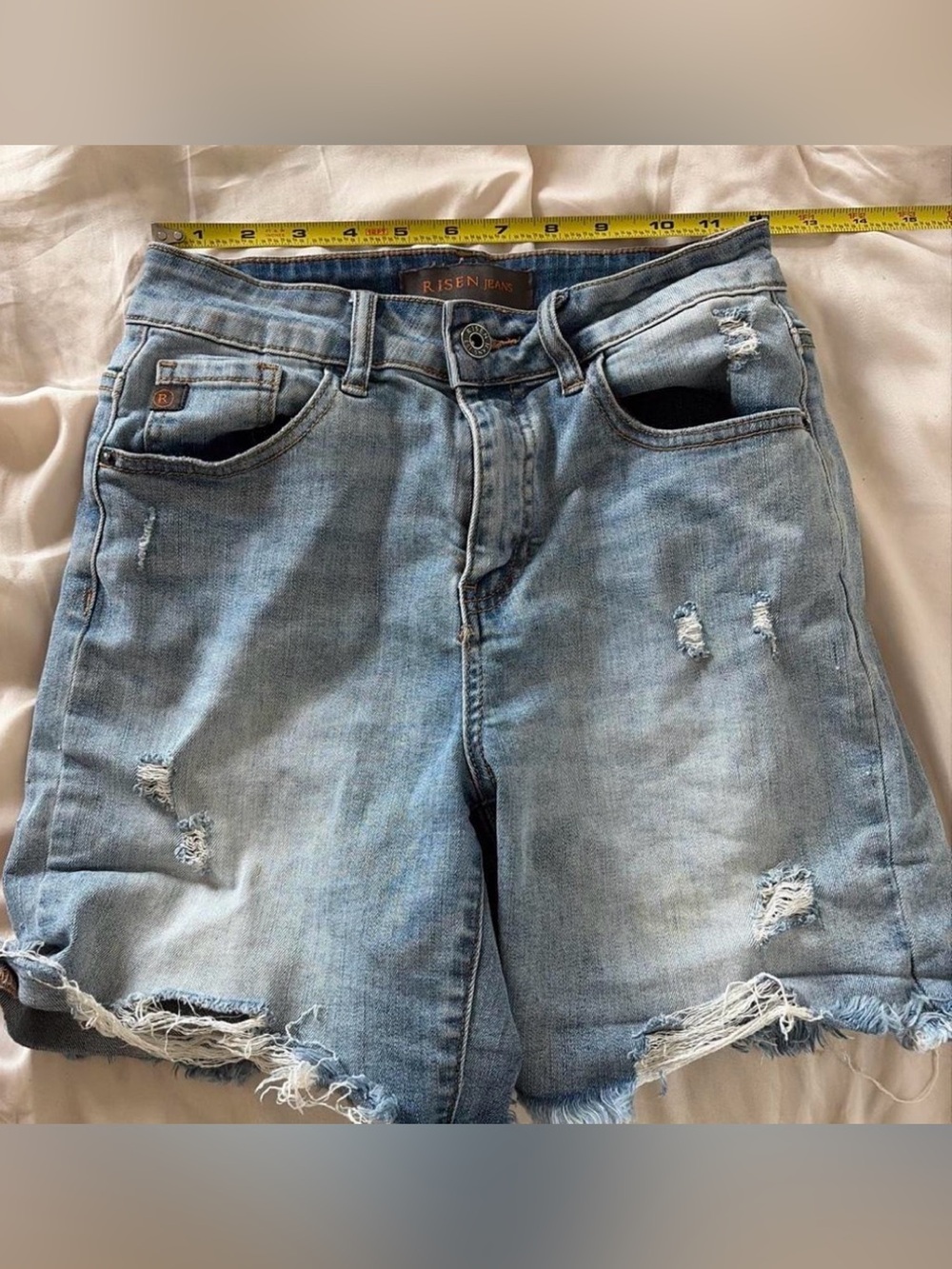 Risen Light Blue Distressed Denim Shorts - Women's